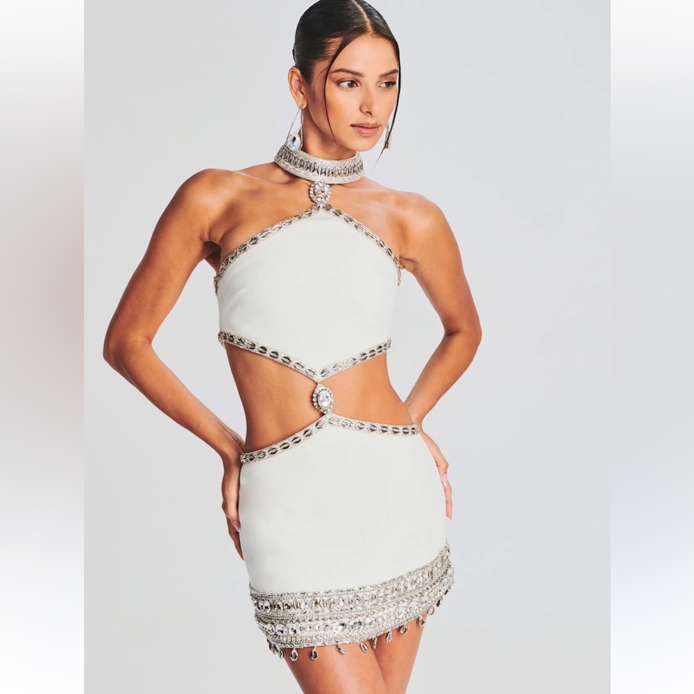 Retrofete Mervey White Cutout Mini Dress with Silver Accents